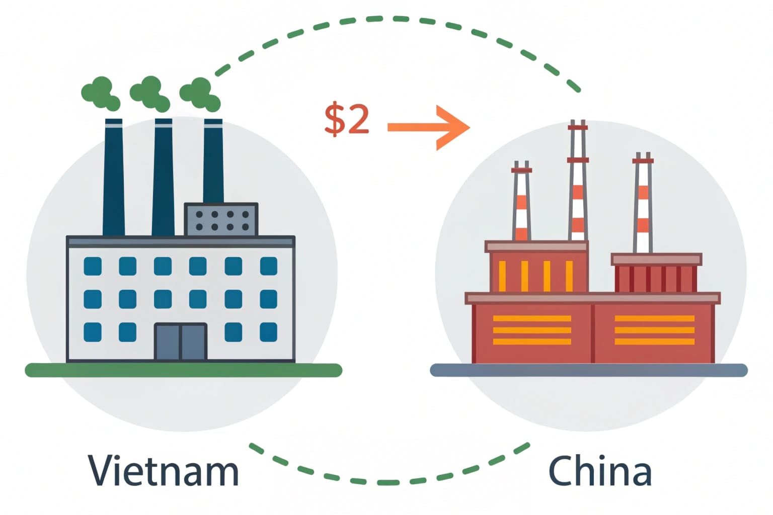 Cost Comparison of Manufacturing in China vs Vietnam A diagram showing cost breakdown: labor, materials, molds, logistics